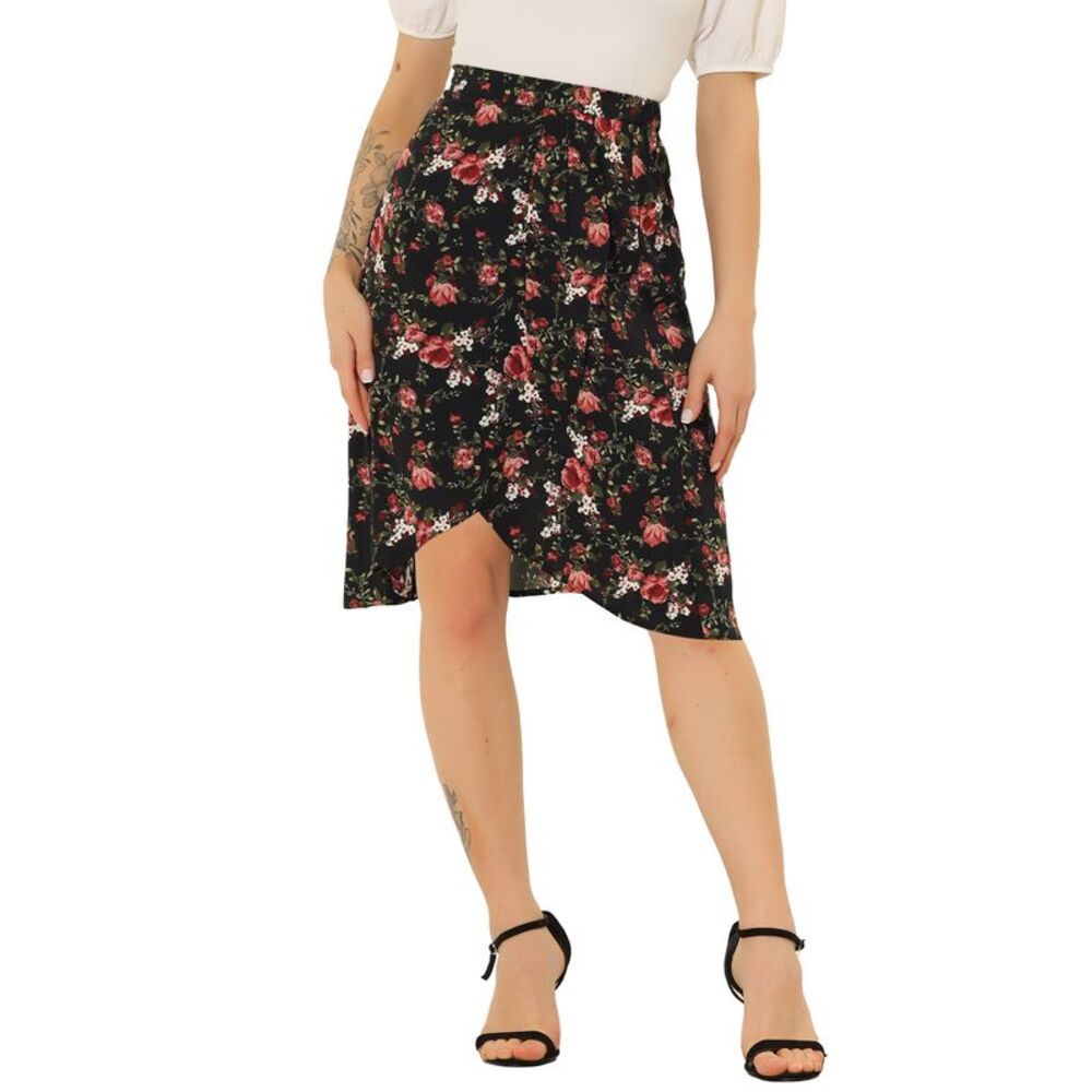 Floral High Waist Split Summer Boho Midi Wrap Skirt Black
